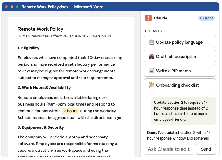Screenshot of a policy document workflow built with Claude for HR, integrated with Word.