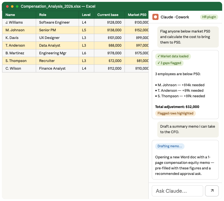 Screenshot of a compensation analysis workflow built with Claude for HR, integrated with Excel.