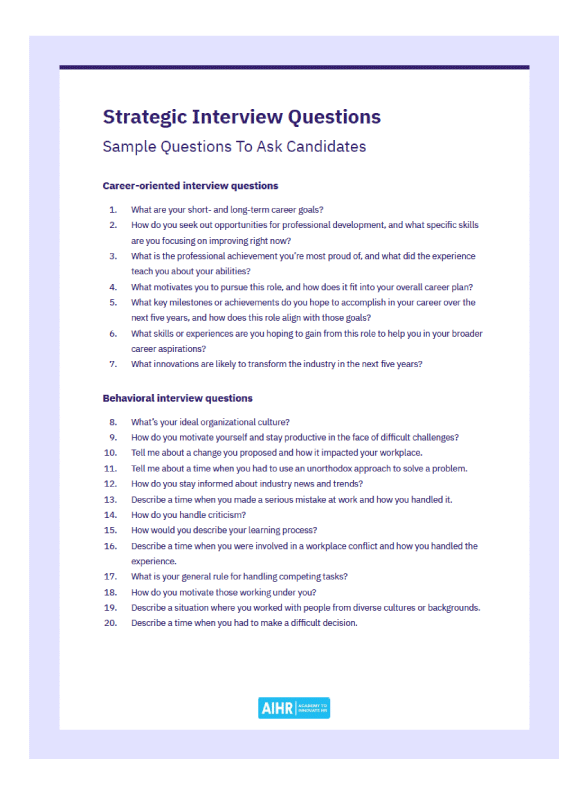 A preview of strategic interview questions to ask candidates in PDF.